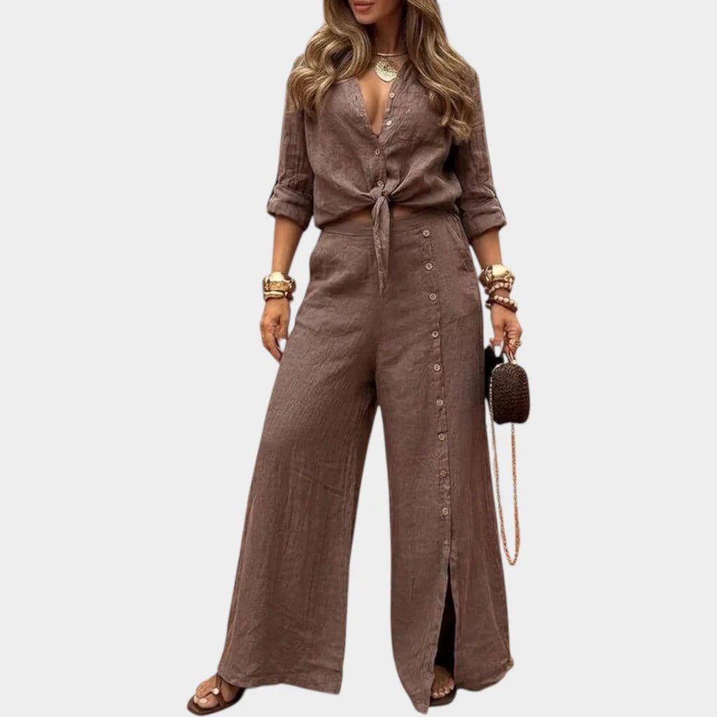 Ilaria | Coordinato in Lino con camicia knot e pantalone wide leg
