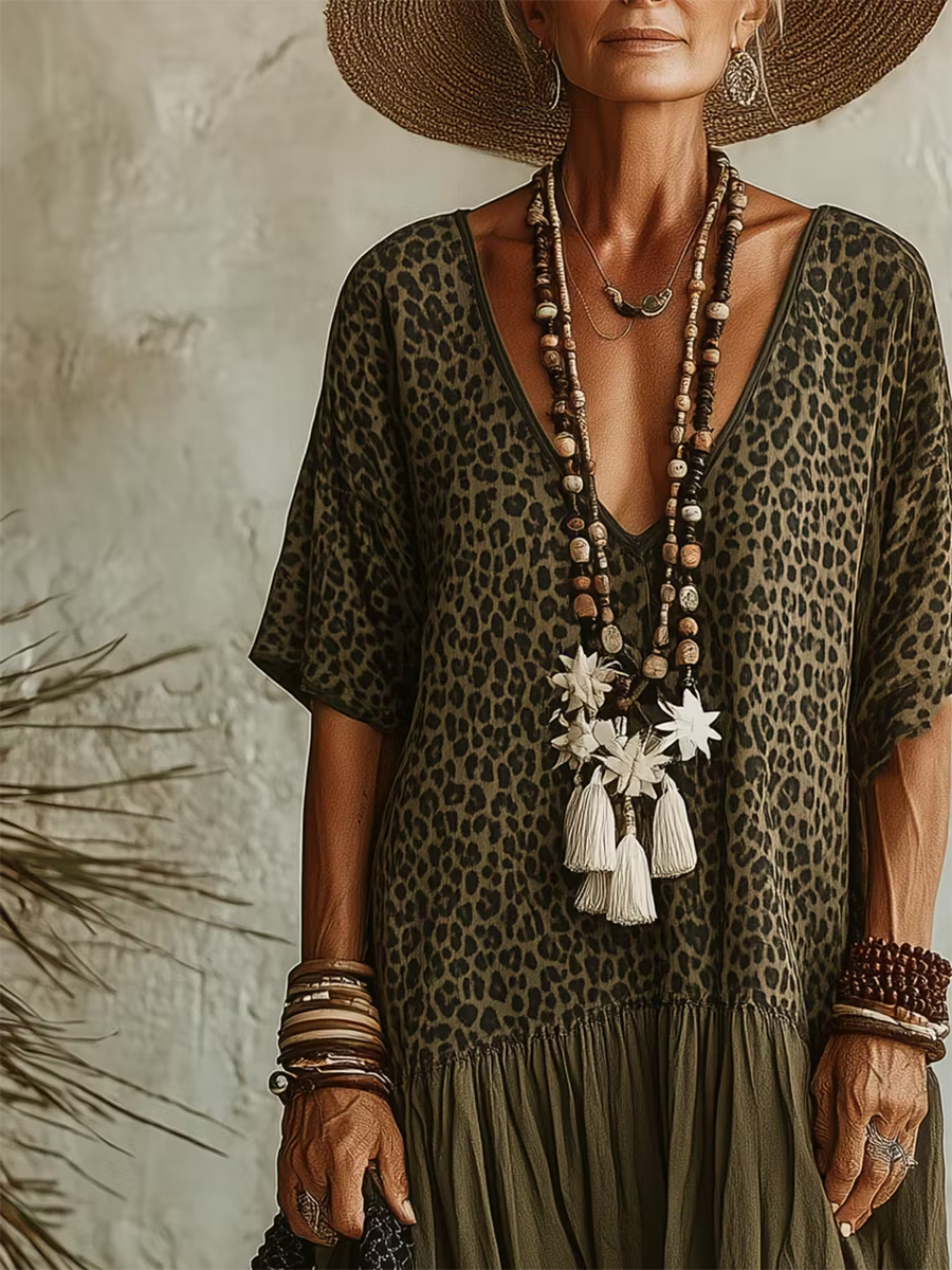 Halia | Abito casual in chiffon e cotone con stampa leopardata