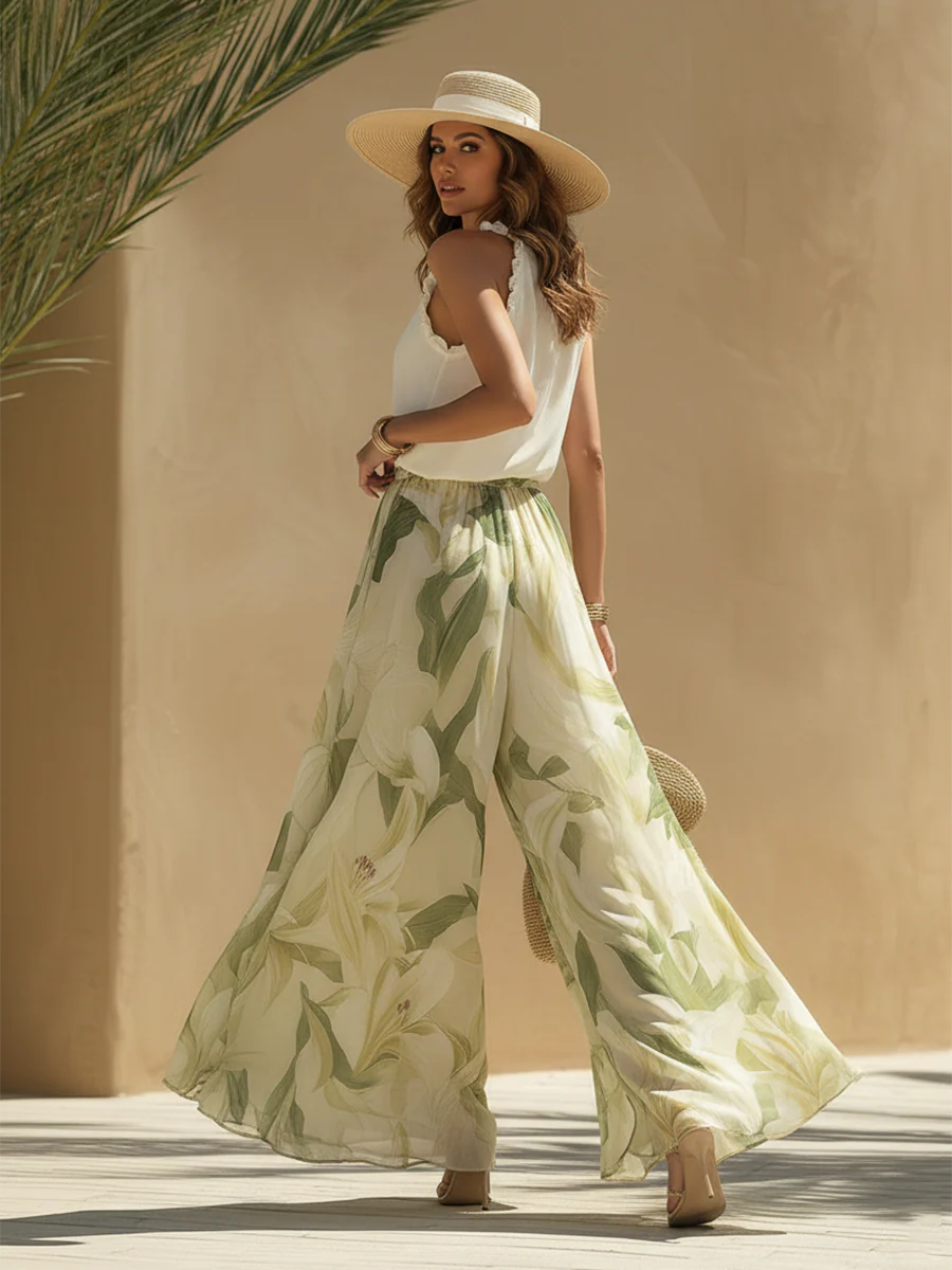 Federica | Coordinato top smanicato e pantalone lungo floreale in chiffon