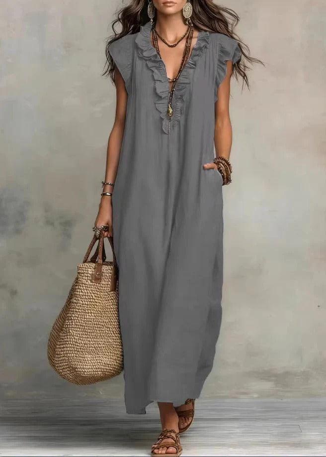 Penelope | Vestito in lino con scollo arricciato