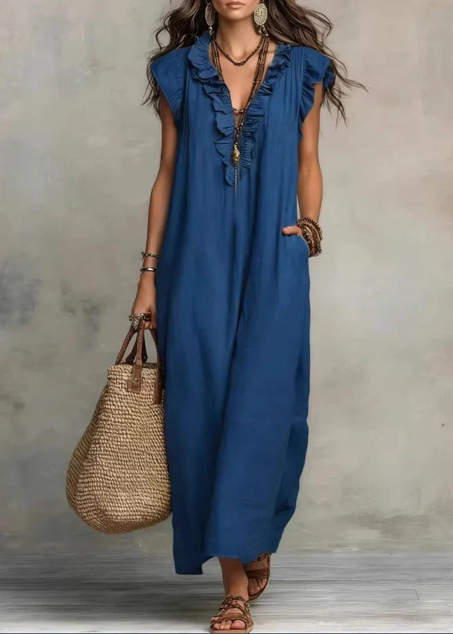 Penelope | Vestito in lino con scollo arricciato