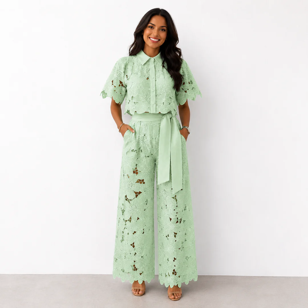 Eva | Coordinato traforato con pantalone ampio + camicia