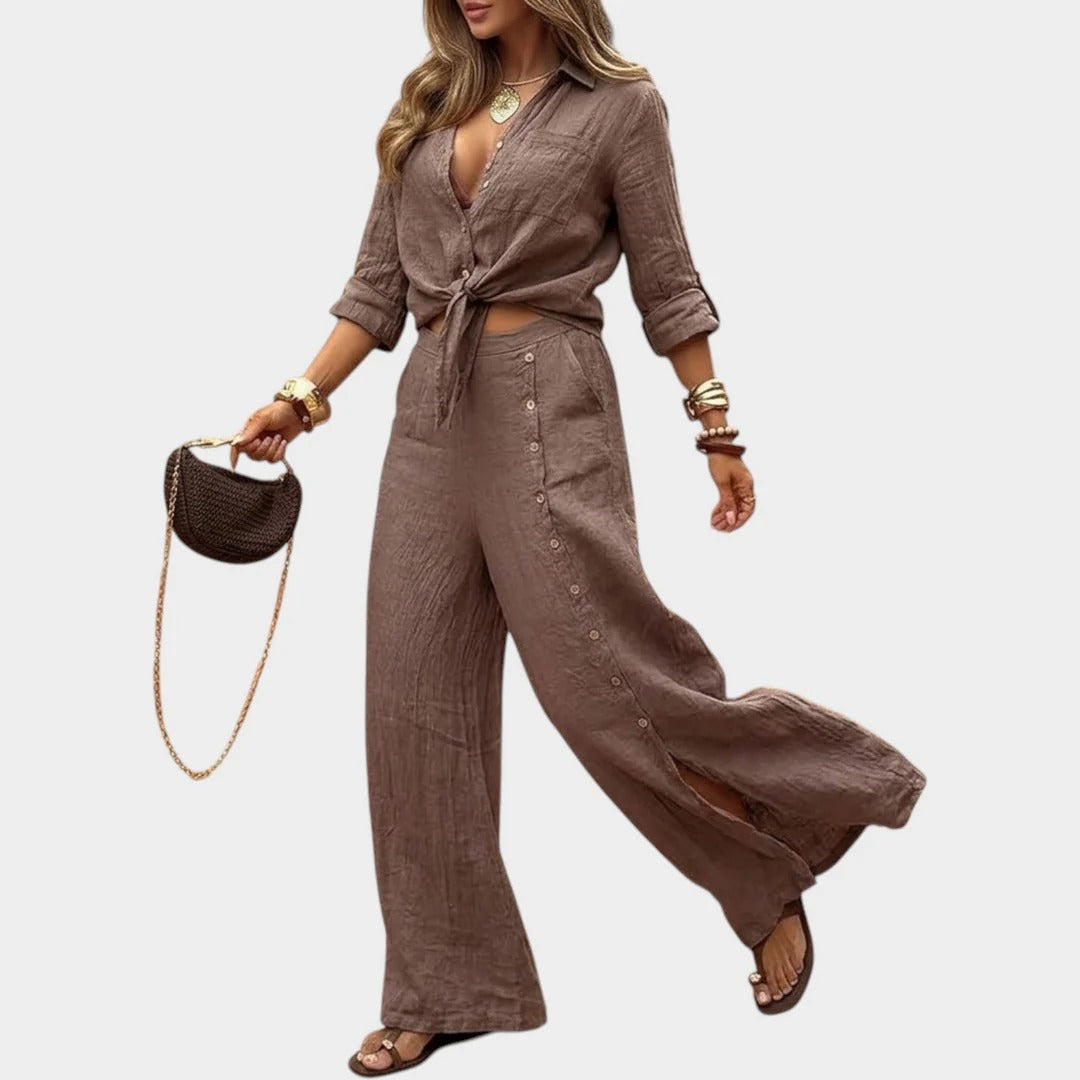 Ilaria | Coordinato in Lino con camicia knot e pantalone wide leg