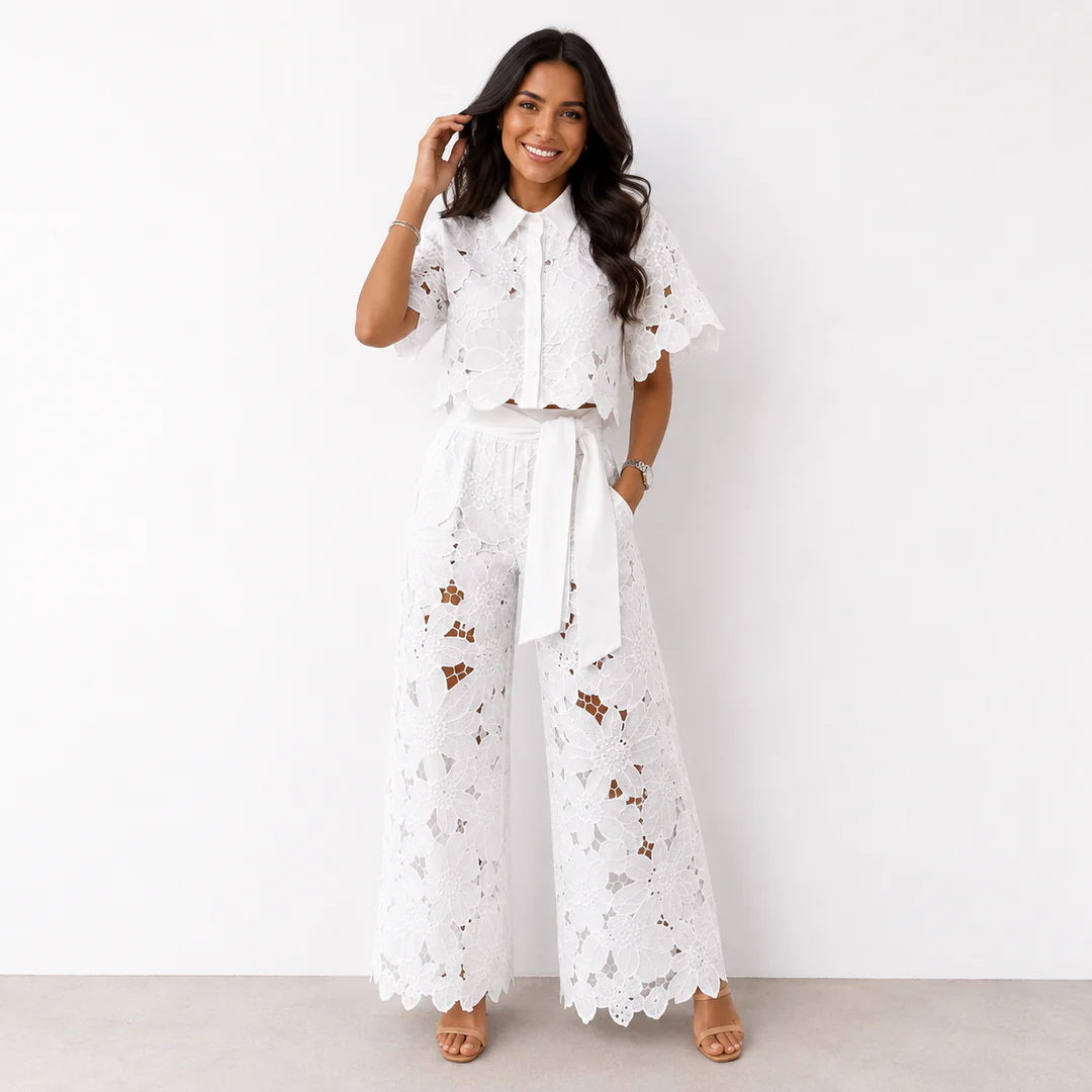 Eva | Coordinato traforato con pantalone ampio + camicia
