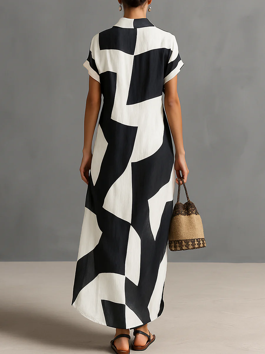 Francesca | Vestito in Puro Lino lungo fantasia geometrica bianco e nero