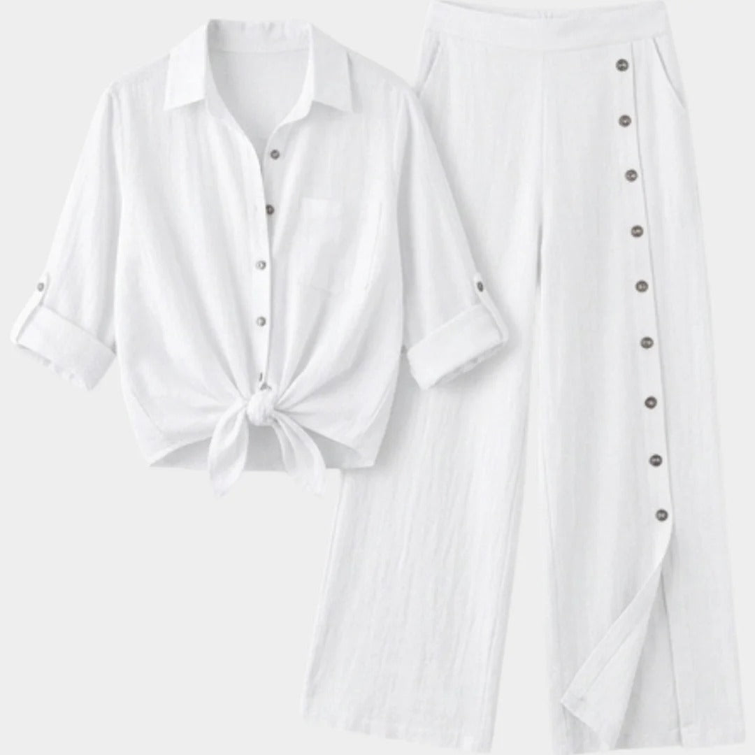 Ilaria | Coordinato in Lino con camicia knot e pantalone wide leg