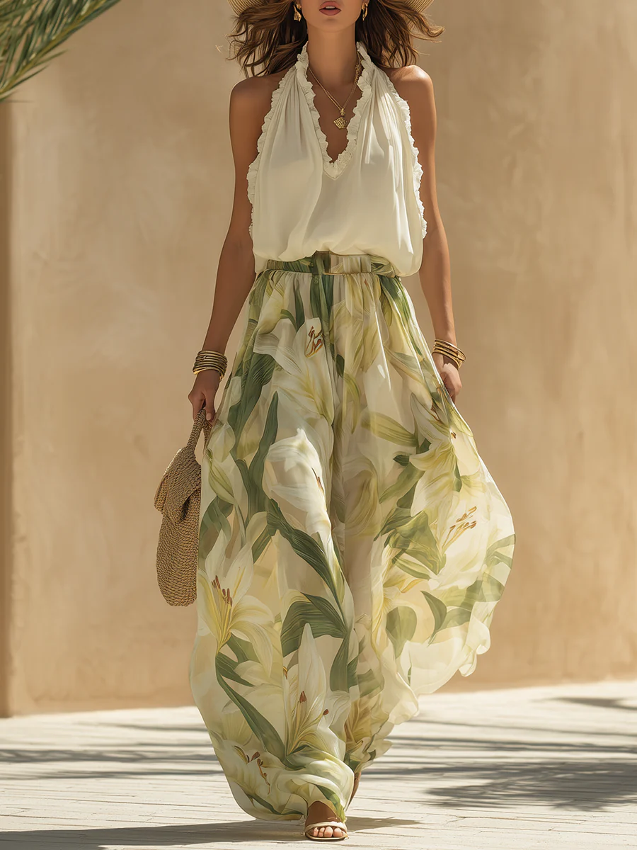 Federica | Coordinato top smanicato e pantalone lungo floreale in chiffon