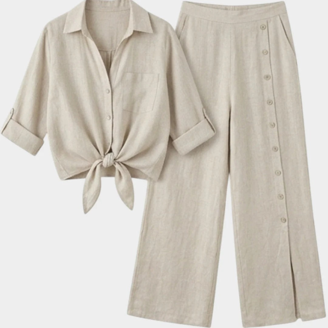 Ilaria | Coordinato in Lino con camicia knot e pantalone wide leg