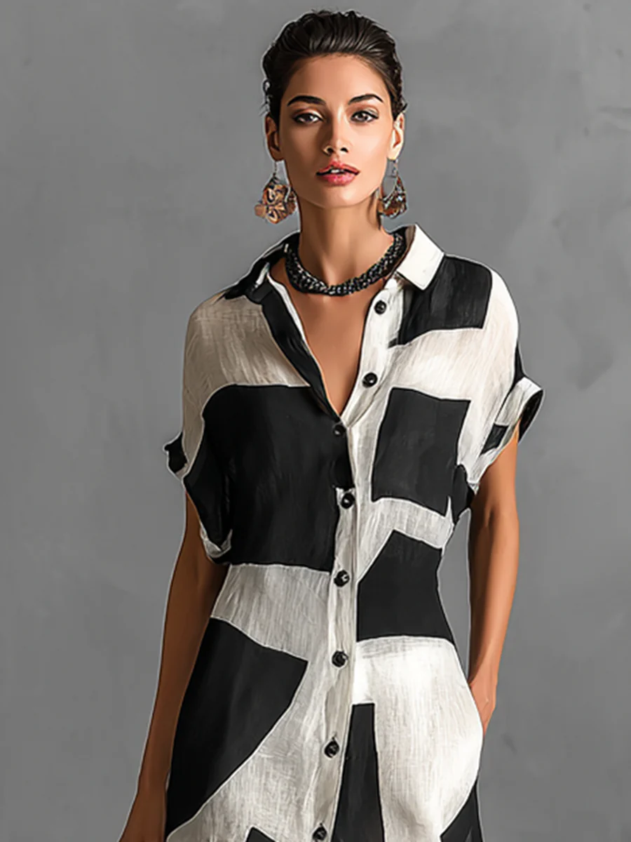 Francesca | Vestito in Puro Lino lungo fantasia geometrica bianco e nero