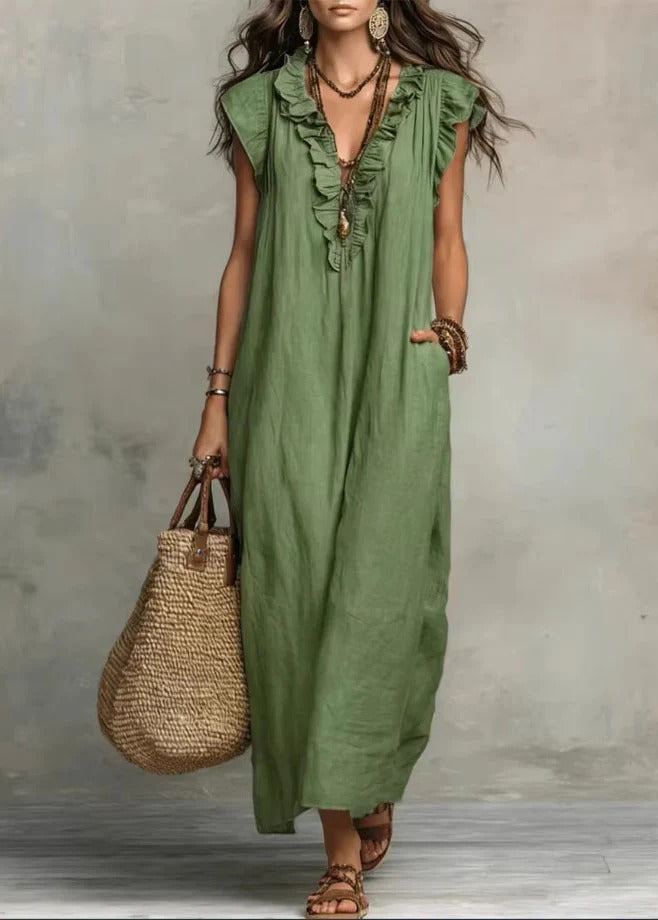 Penelope | Vestito in lino con scollo arricciato