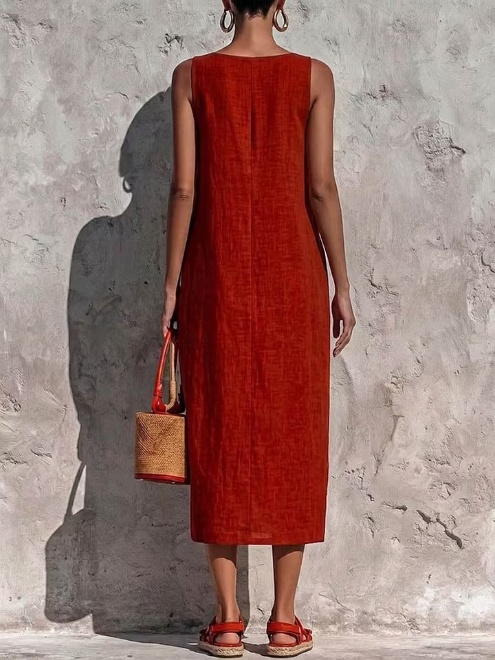 Yavanna | Vestito midi in lino e cotone con tasconi