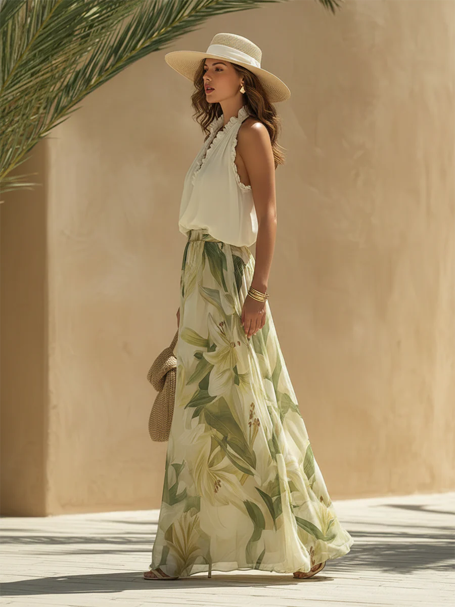 Federica | Coordinato top smanicato e pantalone lungo floreale in chiffon