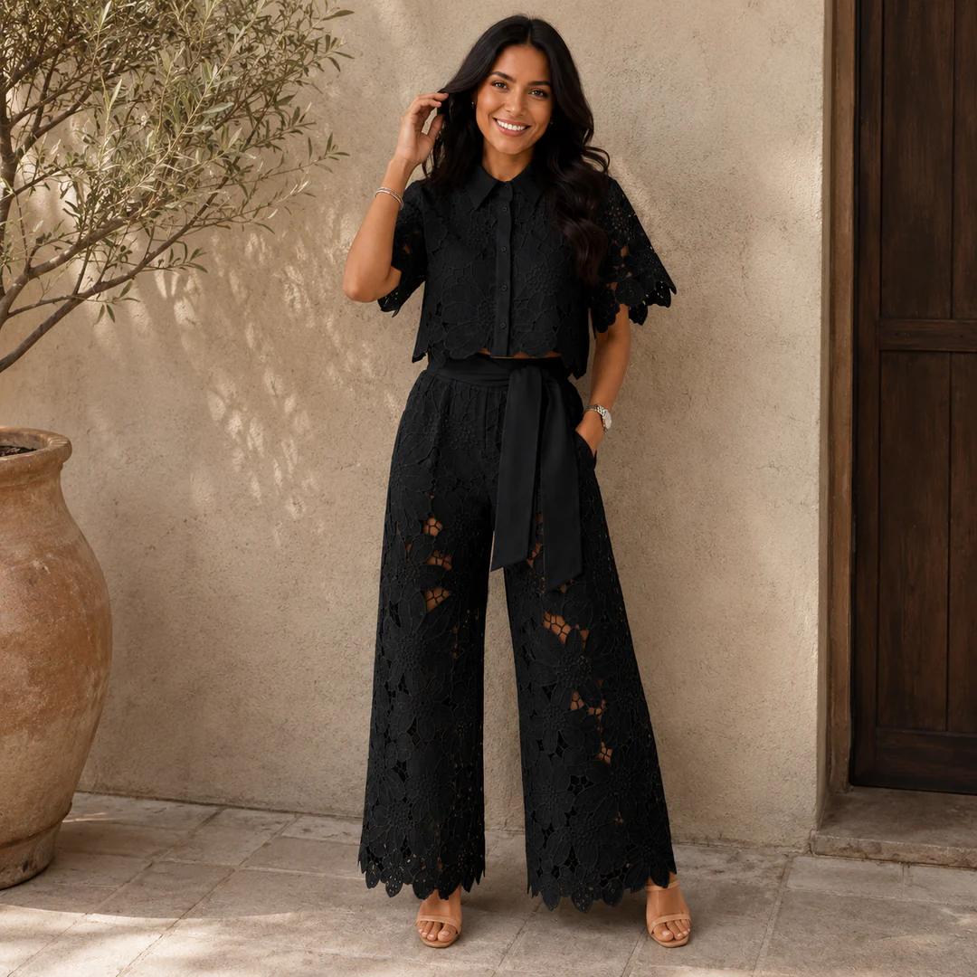 Eva | Coordinato traforato con pantalone ampio + camicia